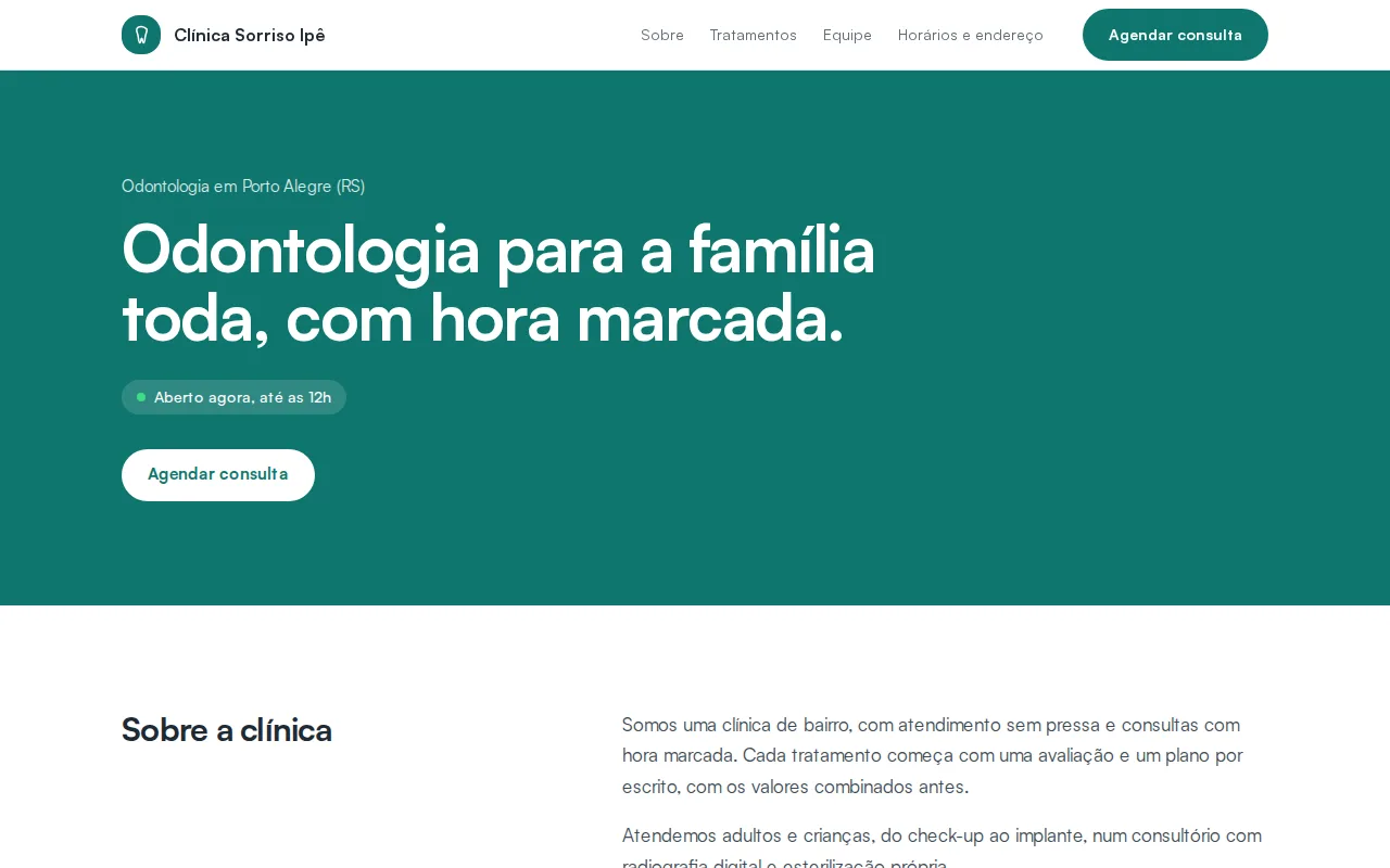 Página de exemplo de uma clínica: nome, frase de destaque, aberto agora e o botão Agendar consulta